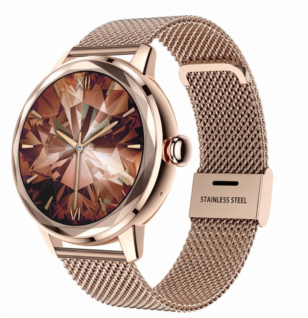 Montre connectée de luxe pour femme avec cadran élégant rose. Suivi santé, notifications intelligentes et étanche.