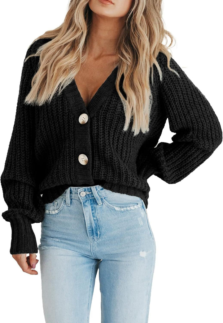 Cardigan femme décontracté chic, coupe oversize à manches ballon. Parfait pour un style automnal moderne.