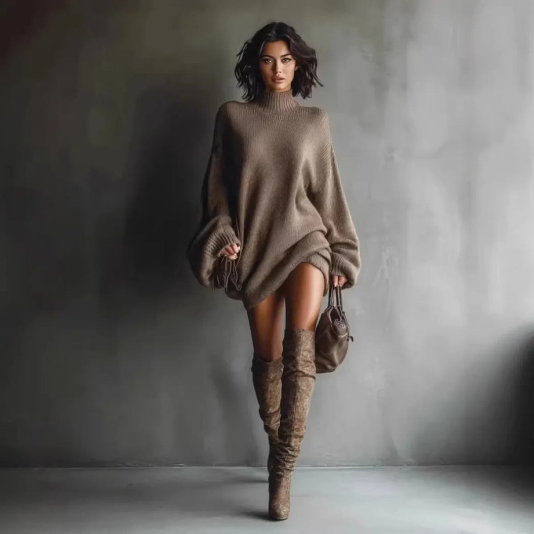Mode femme: Robe mini tricotée polyvalente, manches lanternes élégantes, idéal pour automne/hiver.