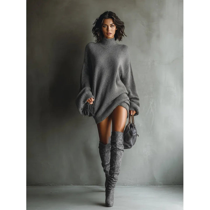 Magnifique robe femme mini tricotée douce, manches lanternes amples. Look élégant et confortable pour toutes occasions.