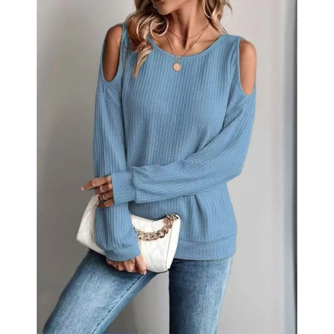 Top femme chic pour printemps/automne, épaules dénudées. Manches longues, col rond. Confort et élégance assurés.