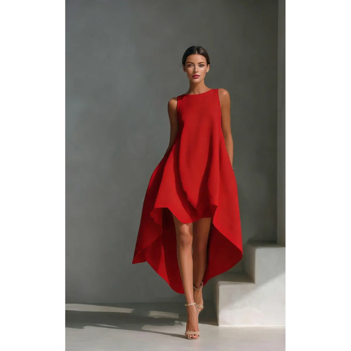 Confortable robe midi femme sans manches, coupe asymétrique évasée, style printemps-été, élégante et polyvalente.