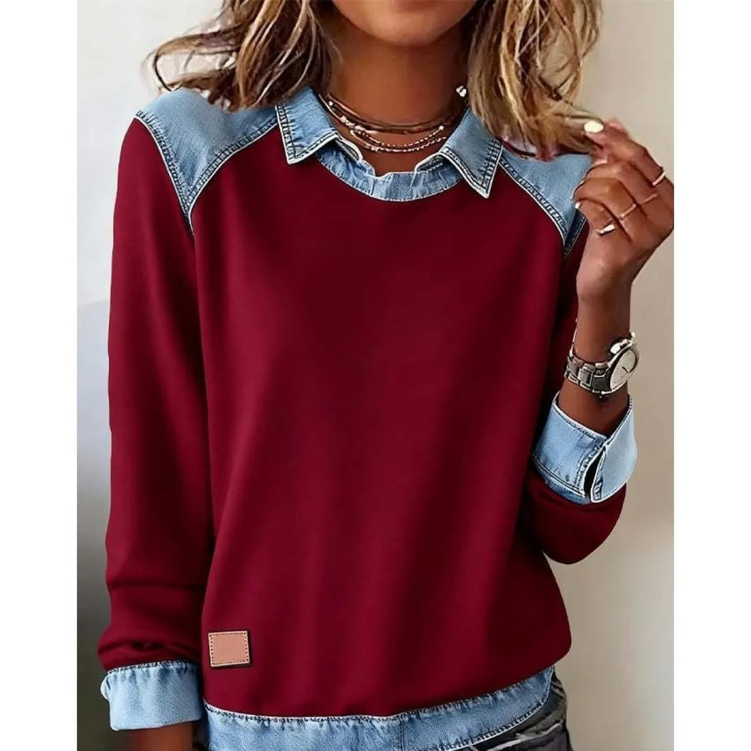 Pull femme élégant et moderne, col chemise chic contrastant, un haut polyvalent pour l'hiver.