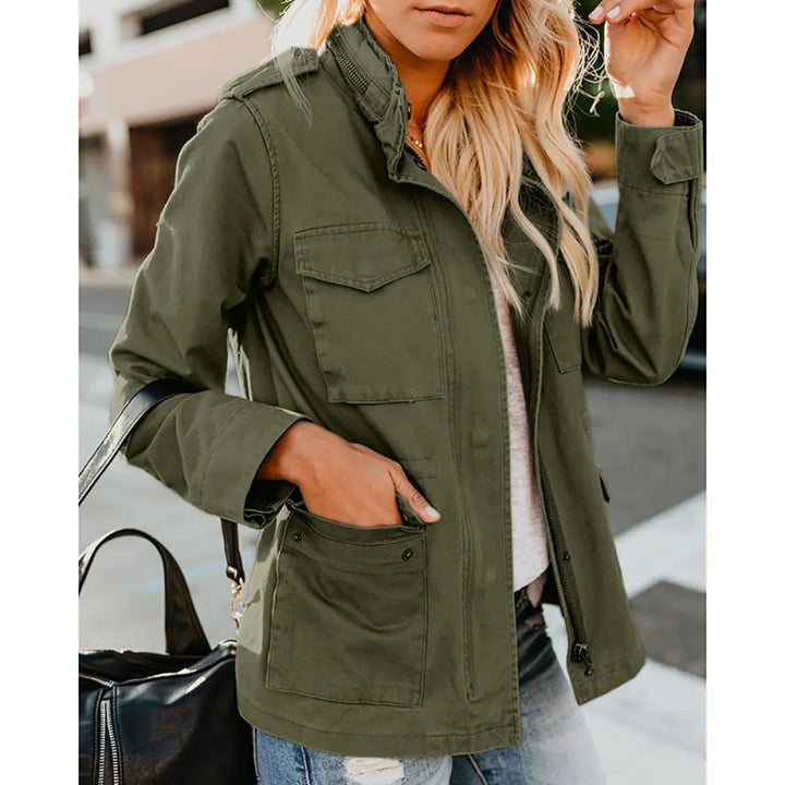 Veste femme ample zippée style utilitaire décontracté pour l'automne/hiver, idéale pour la superposition et le quotidien.
