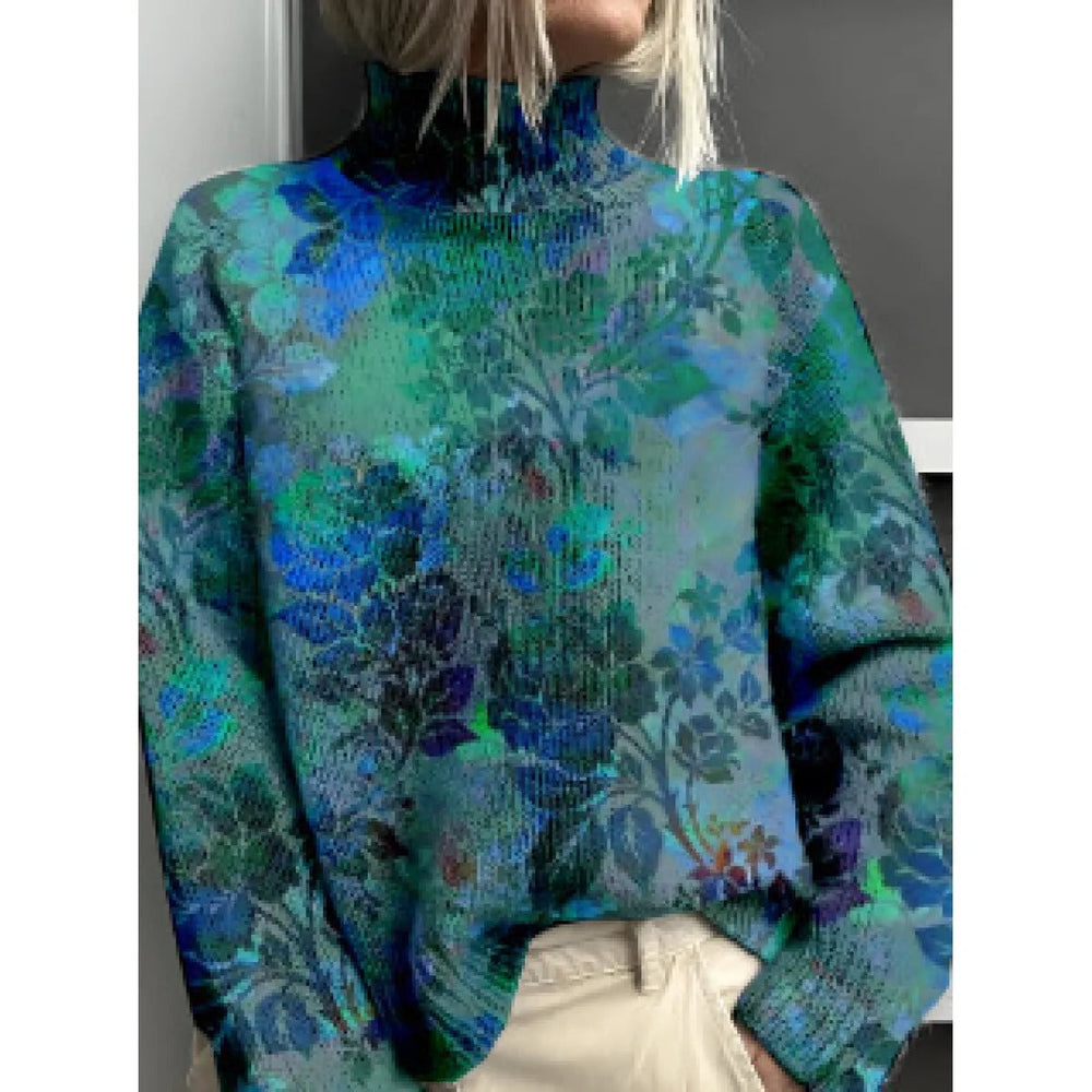 Pull femme tricoté à col roulé, motif floral délicat, parfait pour un look décontracté et confortable.