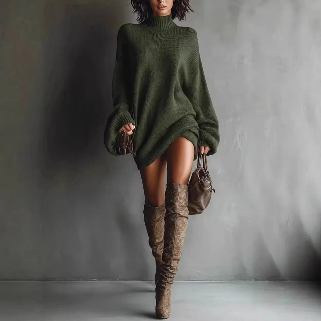 Robe femme mini tricotée confortable à coupe ample, manches lanternes, style décontracté chic pour l'hiver.