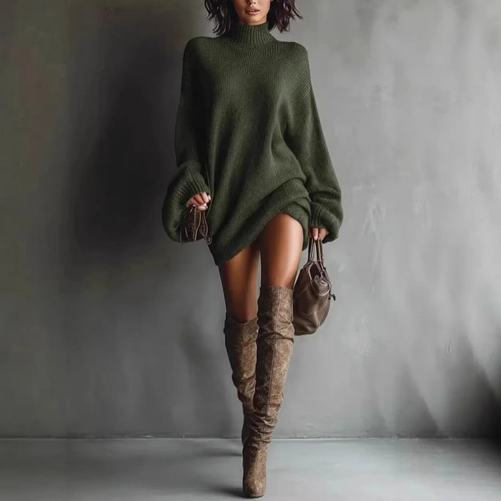 Robe femme mini tricotée confortable à coupe ample, manches lanternes, style décontracté chic pour l'hiver.