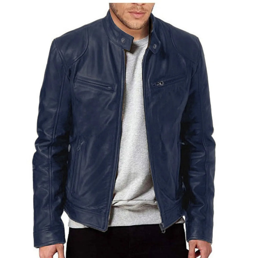 Vêtement homme : Veste slim élégante avec col montant et poches zippées. Créez un style urbain et moderne facilement.