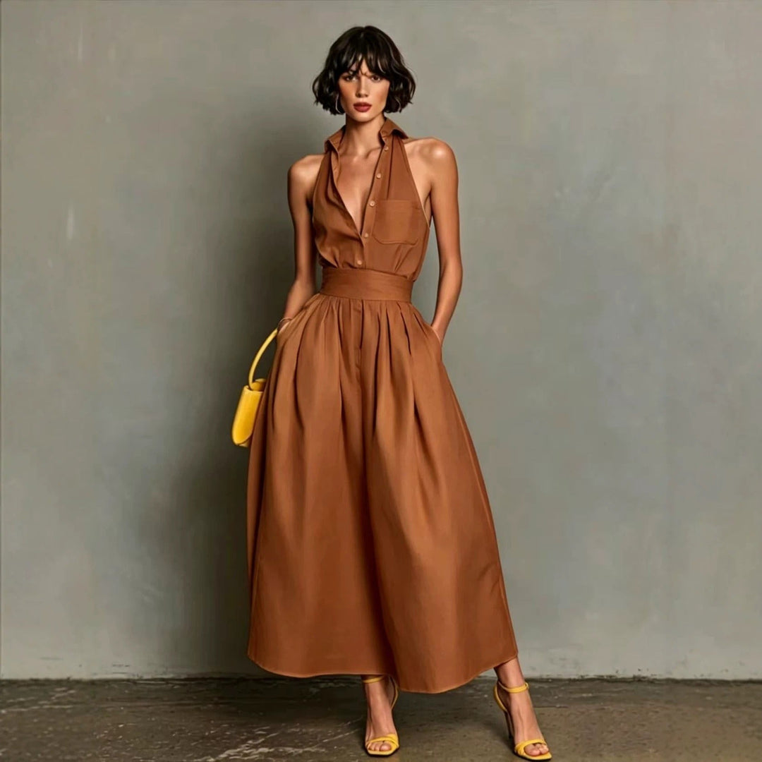 Robe longue chic pour femme, sans manches, taille haute, col chemise. Parfaite pour l'été.