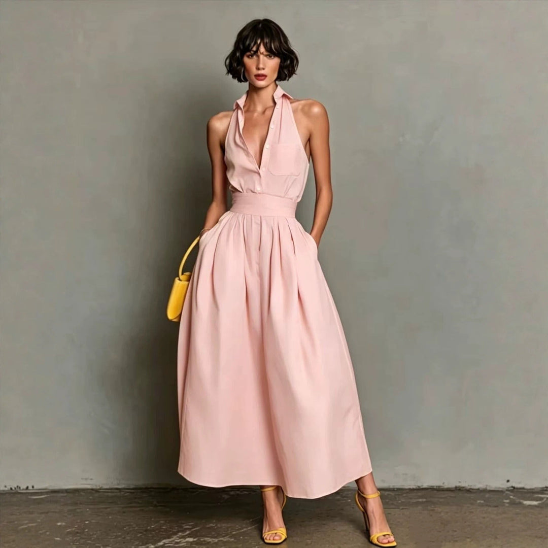 Magnifique robe plissée fluide pour femme, longue et élégante, avec un col chemise.