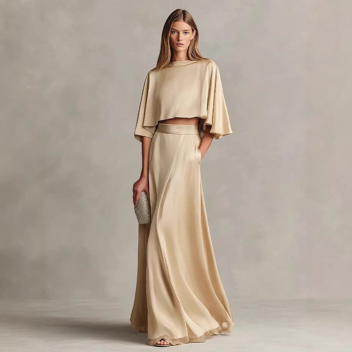 Ensemble satiné femme deux pièces élégant, haut chic et jupe longue fluide. Parfait pour l'été, confortable et stylé.