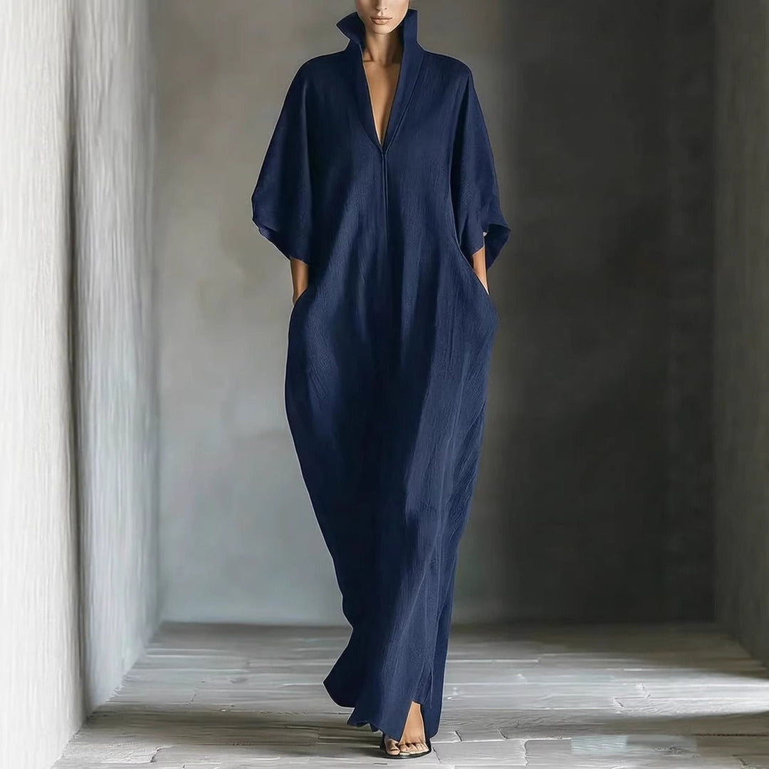 Robe longue femme fluide décontractée, col V, idéale pour une tenue élégante et confortable printemps-été.