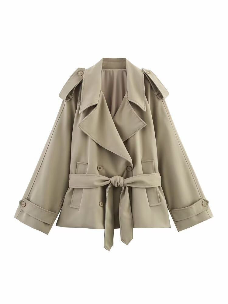 Manteau coupe-vent court femme élégant kaki, idéal pour le printemps et l'automne.