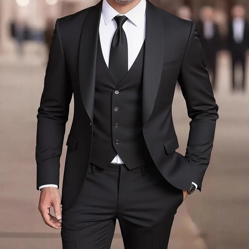 Ensemble homme 3 pièces élégant avec veste, gilet et pantalon. Style minimaliste pour mode masculine moderne.