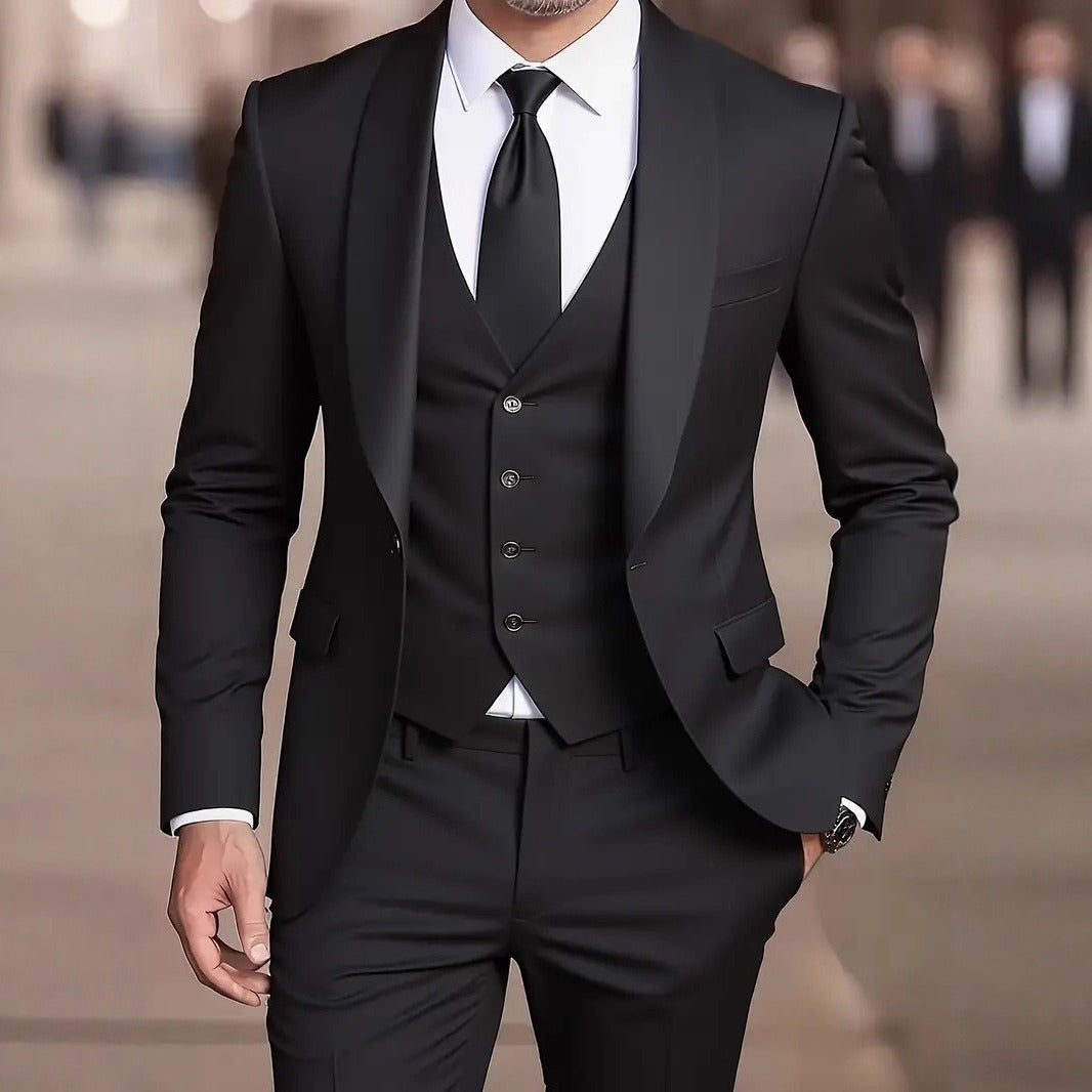 Ensemble homme 3 pièces élégant avec veste, gilet et pantalon. Style minimaliste pour mode masculine moderne.