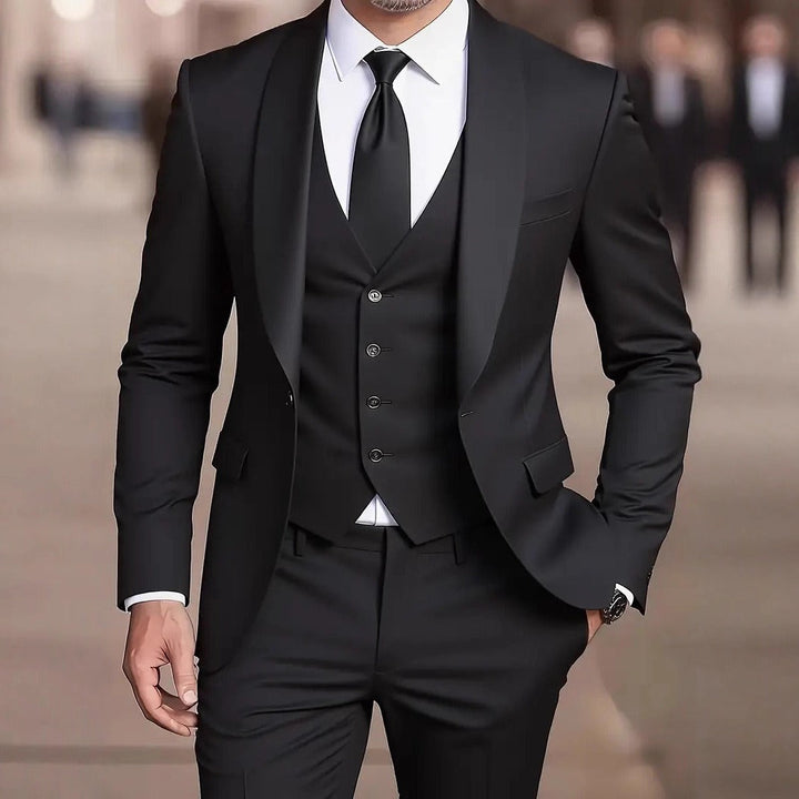 Ensemble homme 3 pièces élégant avec veste, gilet et pantalon. Style minimaliste pour mode masculine moderne.