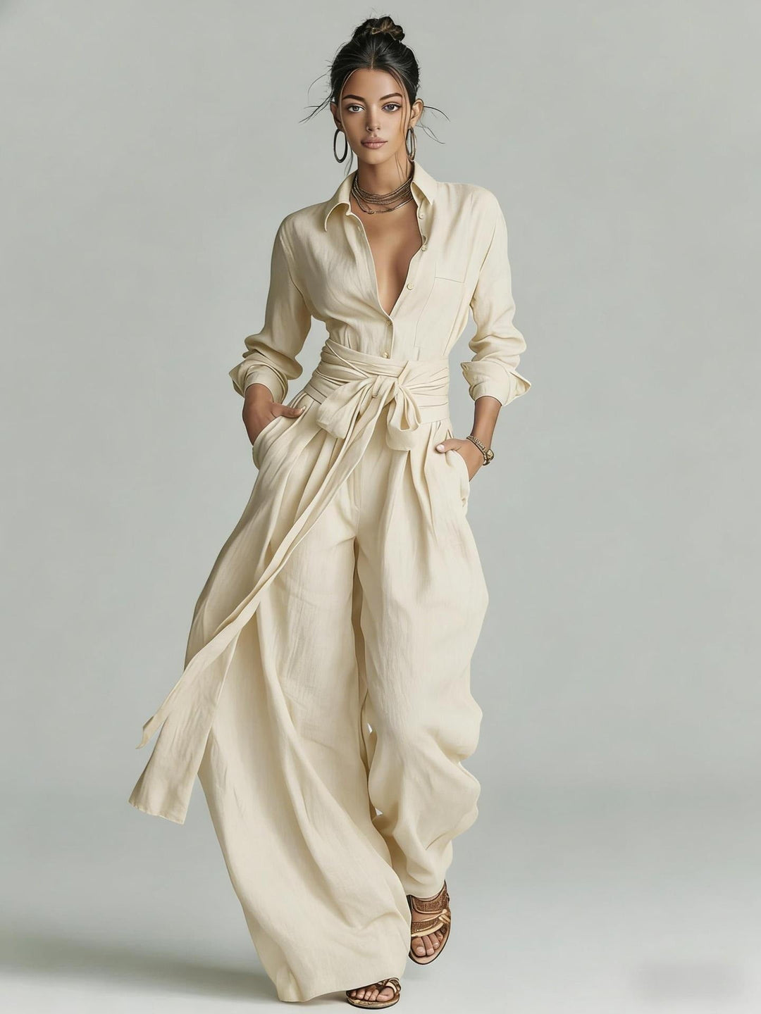 Ensemble deux pièces femme: chemisier léger et pantalon large en lin coton avec ceinture nouée, taille ajustable.