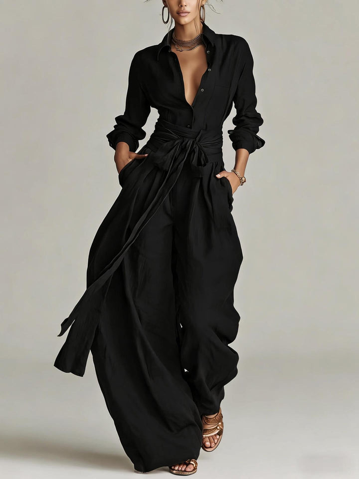 Confortable ensemble femme deux pièces en lin coton pour printemps/été, pantalon large et haut chic décontracté.
