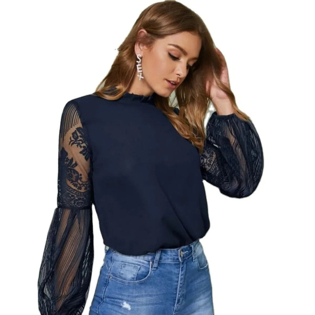 Blouse femme printemps/automne avec manches longues lanterne brodées, col volanté. Style féminin chic et polyvalent.