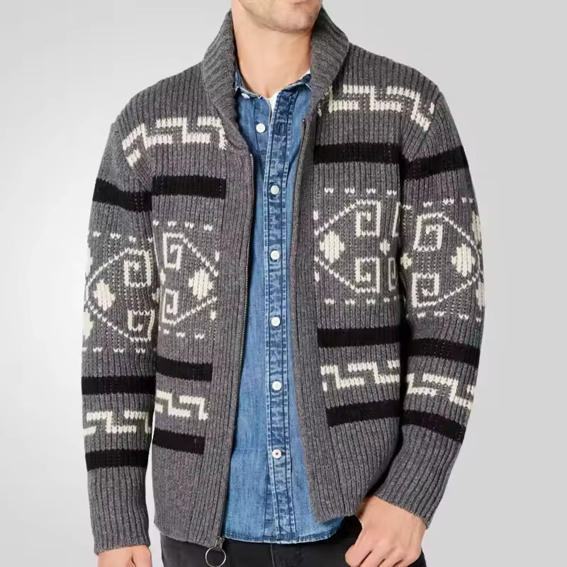 Cardigan homme zippé Oakmere avec motif tribal unique, offrant confort et style tendance pour l'automne.