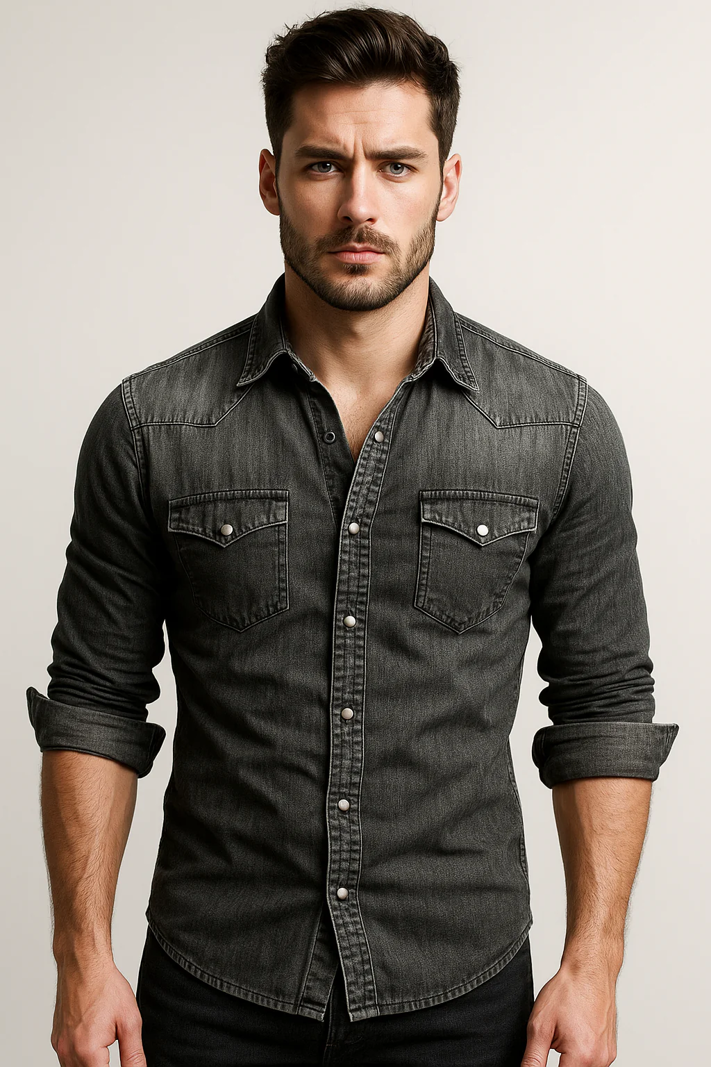 Chemise noire cintrée hommes, manches longues. Style moderne, élégant et polyvalent. Idéale pour le bureau.