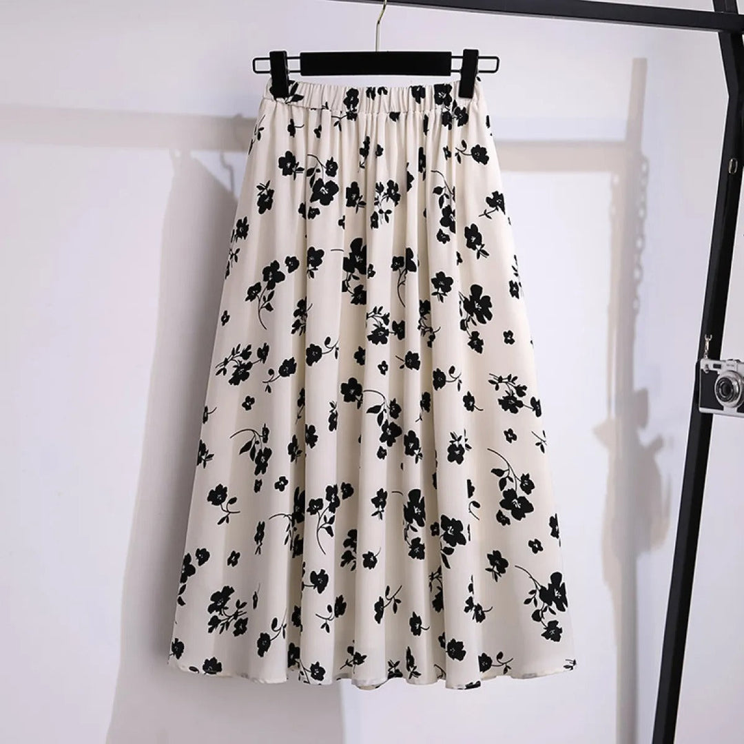 Jupe midi florale fluide pour femme, idéale printemps/été. Imprimé élégant, taille élastique, style décontracté tendance.