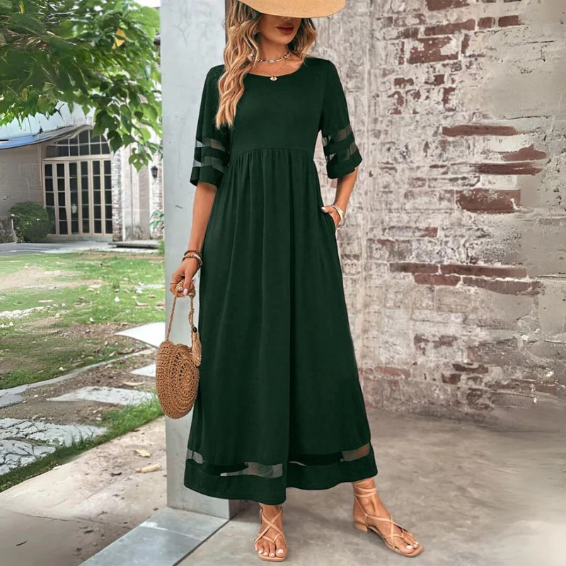 Robe longue fluide pour femme, coupe élégante, zones transparentes, parfaite pour une allure raffinée en été.