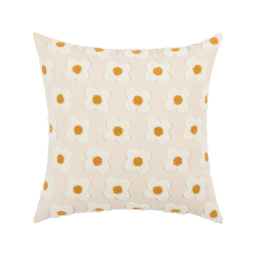 Coussin décoratif 45x45 cm, motif tournesol brodé, pour une ambiance chic dans votre chambre.