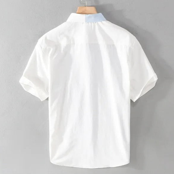 Chemise mode masculine patchwork, manches courtes, pour un style homme unique et tendance en été.