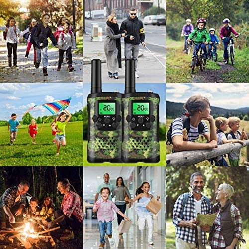 Kit talkie-walkie enfants en camouflage vert, parfait pour la communication et le jeu d'aventure en extérieur, portée 5km.