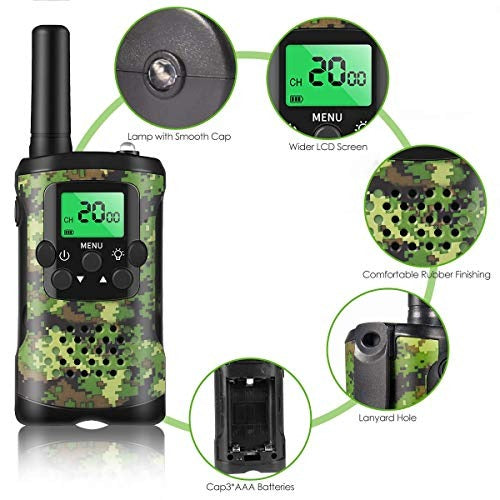 Jouet talkie-walkie enfants, camouflage vert, idéal pour l'exploration et l'aventure avec 22 canaux et portée de 5 km.