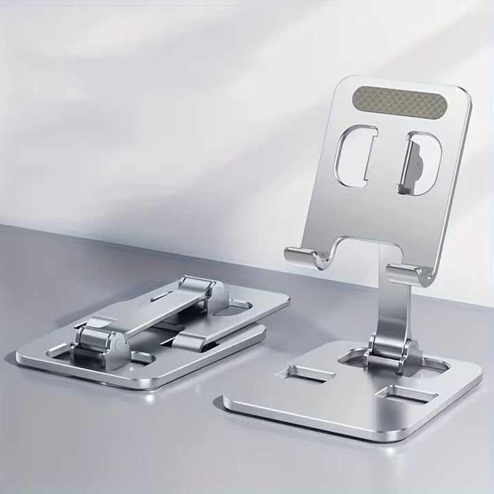 Support multimédia FLEXHOLD en métal brossé, compatible téléphone et petite tablette. Pliable et design.