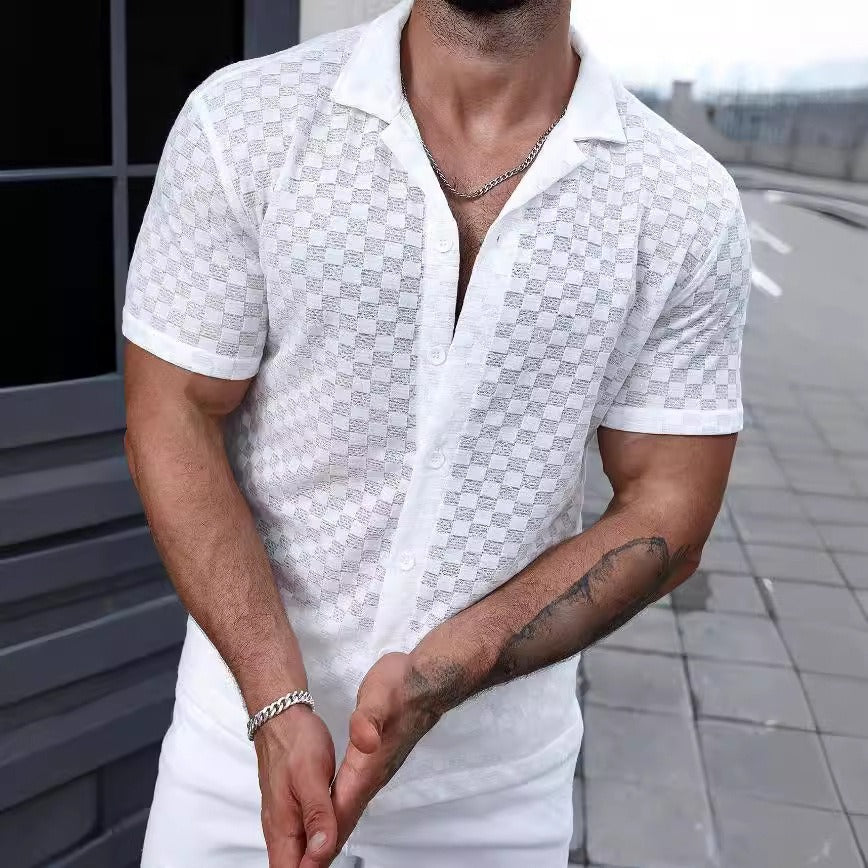 Chemise homme chic à carreaux transparents, ultra légère pour l'été. Design moderne et confortable, style décontracté.