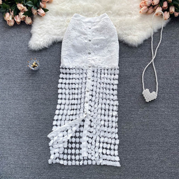 Jupe longue femme florale élégante coupe droite avec boutons, parfaite pour l'été et le printemps chic.