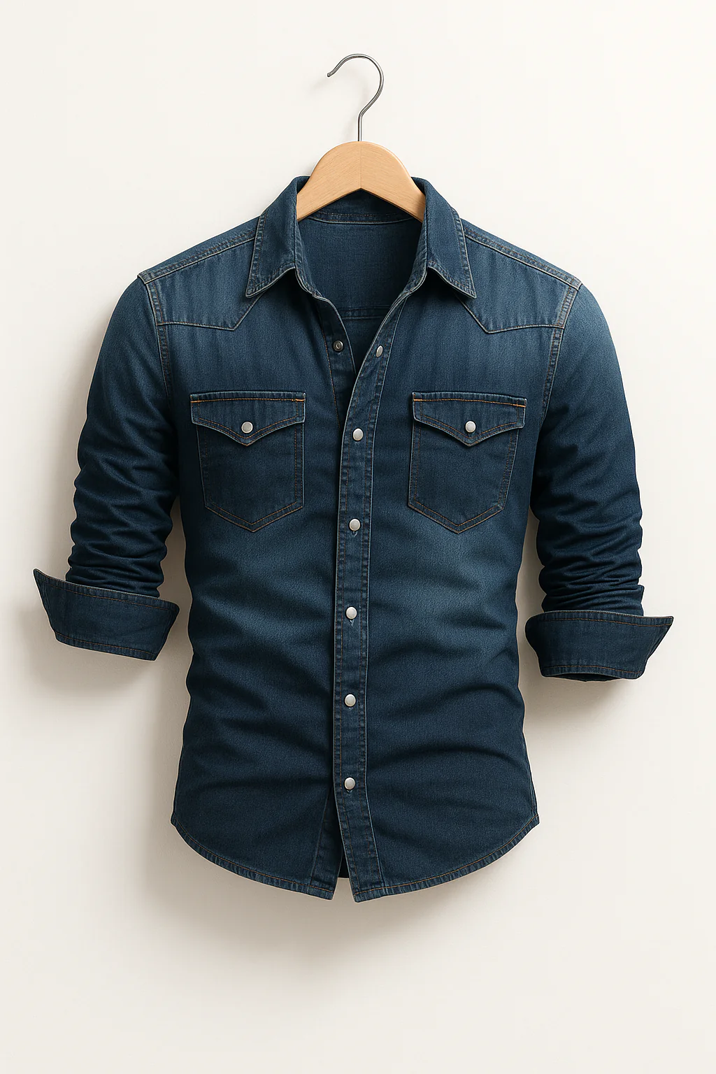 Homme portant chemise cintrée bleue à manches longues. Style moderne décontracté, parfait pour sortie élégante.