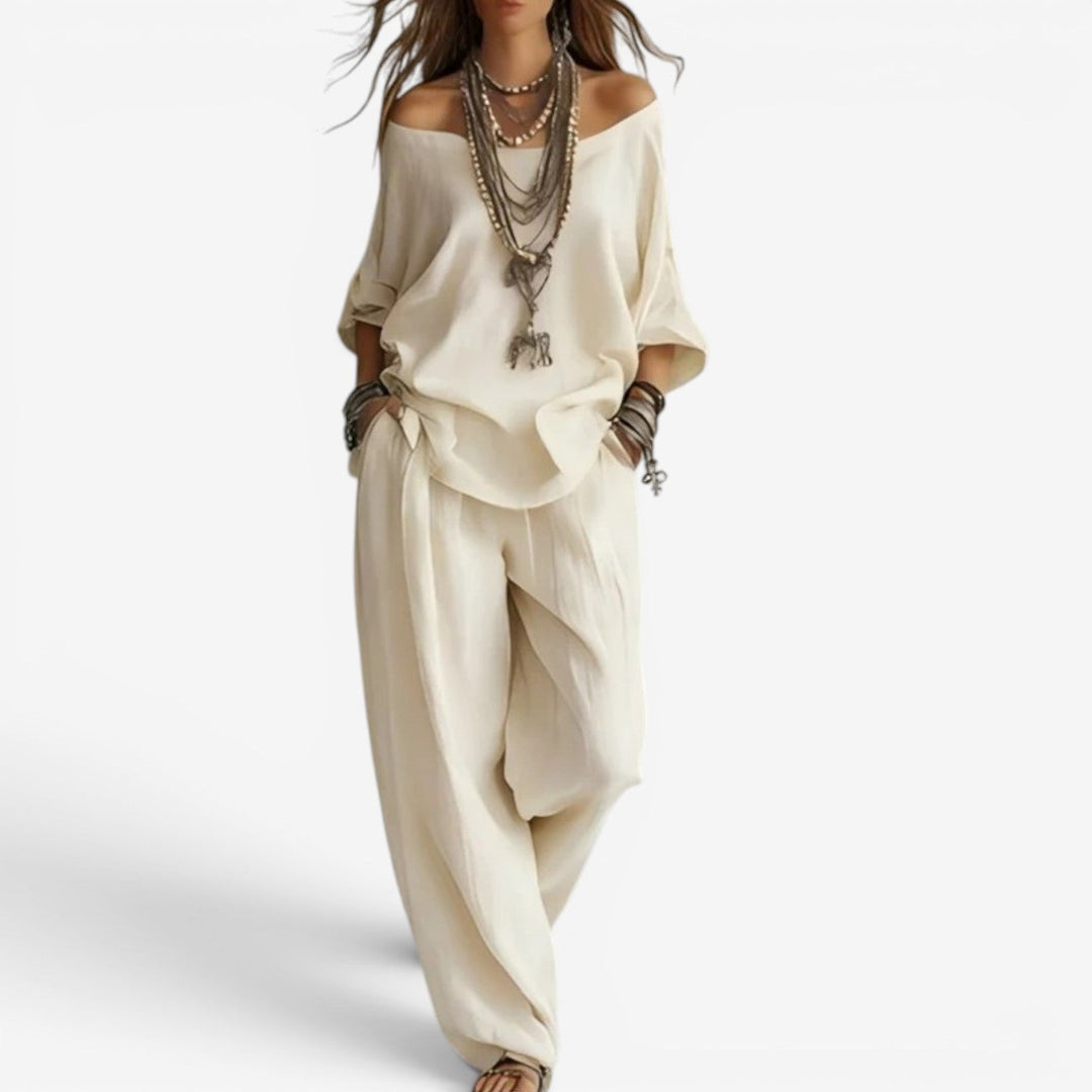 Ensemble décontracté fluide femme, style bohème. Tunique ample et pantalon pour un confort chic en été/printemps.
