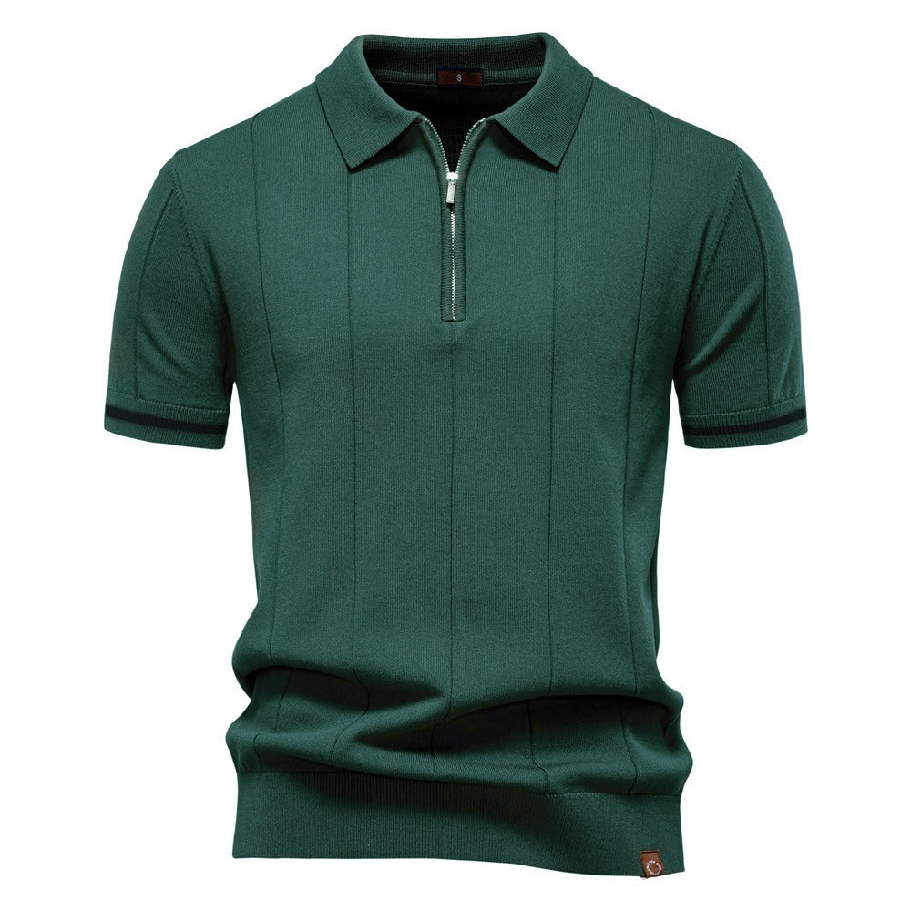 Haut homme polo décontracté noir à fermeture éclair, manches courtes, vêtement confortable et chic.