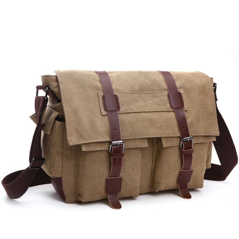 Sac messager vintage homme en toile robuste et cuir véritable. Idéal pour le travail ou les loisirs.