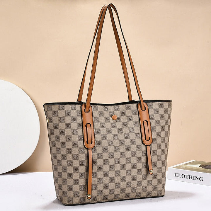 Grand sac fourre-tout géométrique synthétique couleur kaki, élégant et pratique pour femme.