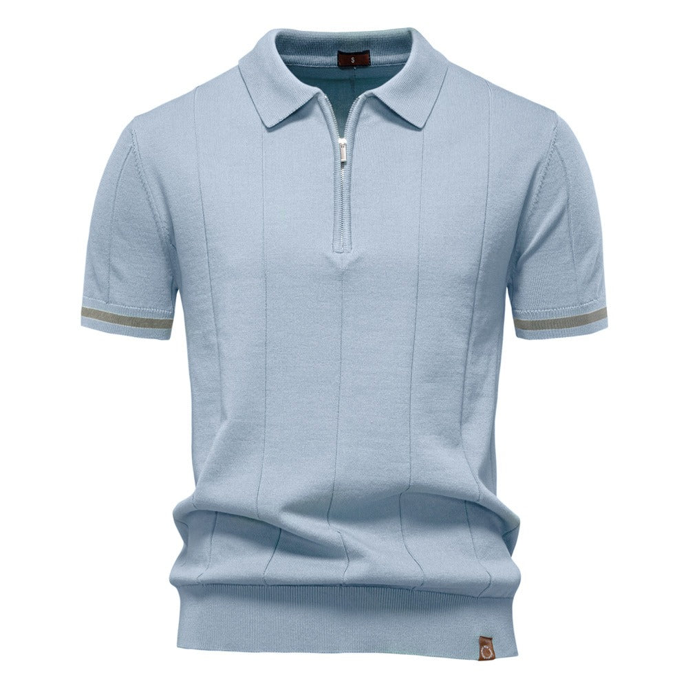 Vêtement homme polo zippé, couleur vert olive, manches courtes, style élégant et décontracté pour l'été.