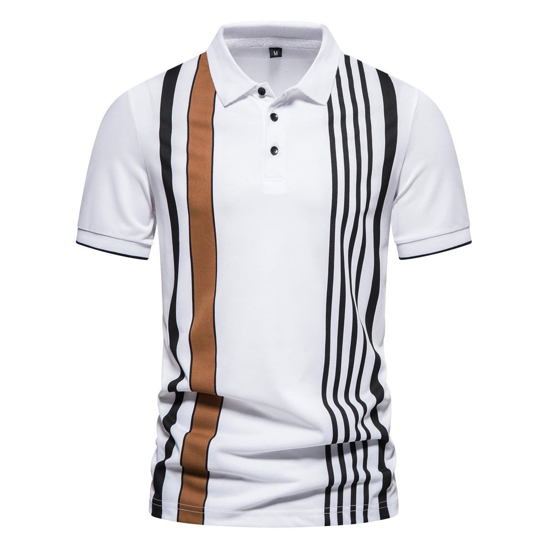 Chemise polo homme stylée à rayures verticales. Tenue élégante et confortable, idéale pour l'été.