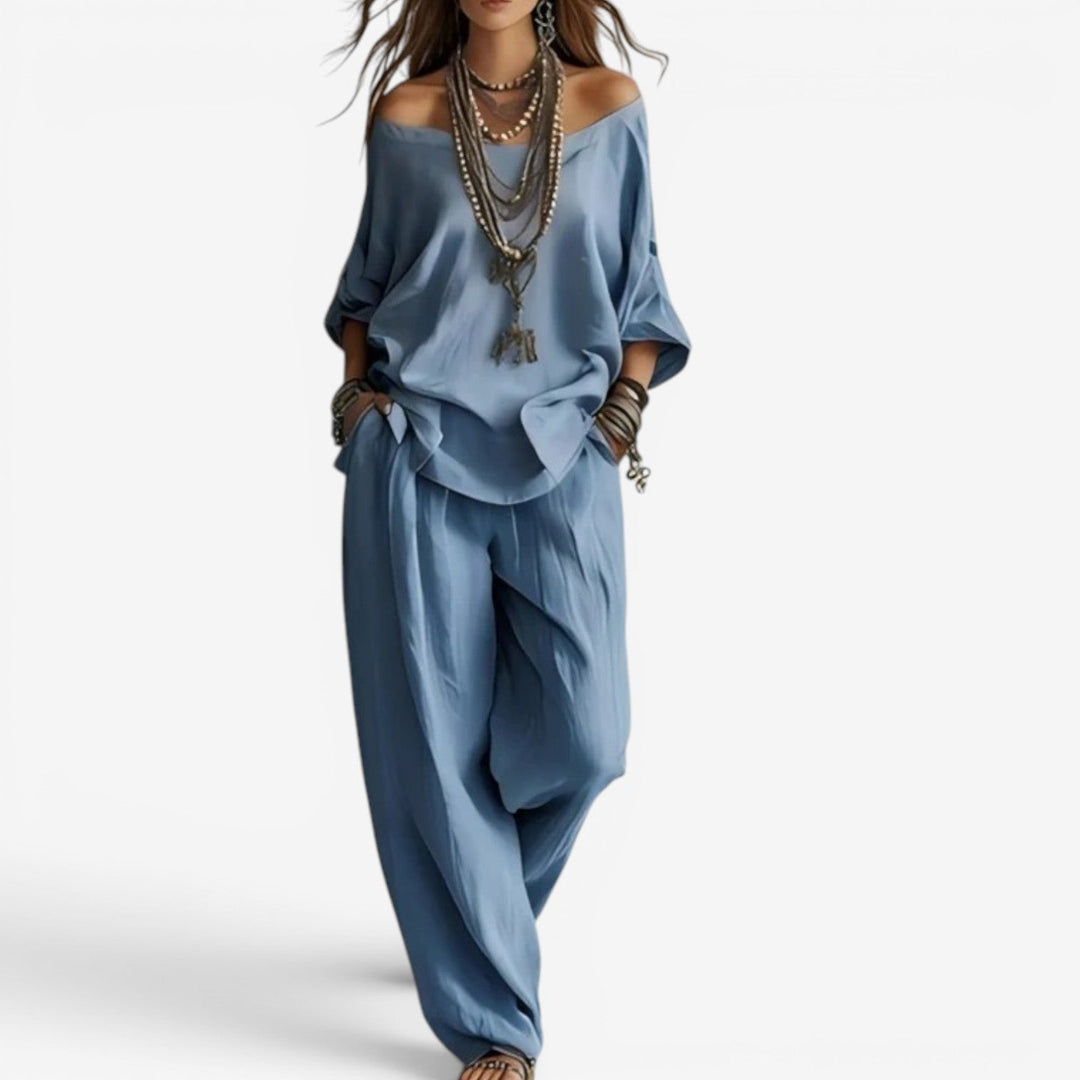 Mode femme: ensemble bohème fluide, tunique à épaules dénudées et pantalon. Idéal pour une tenue chic et voyage.