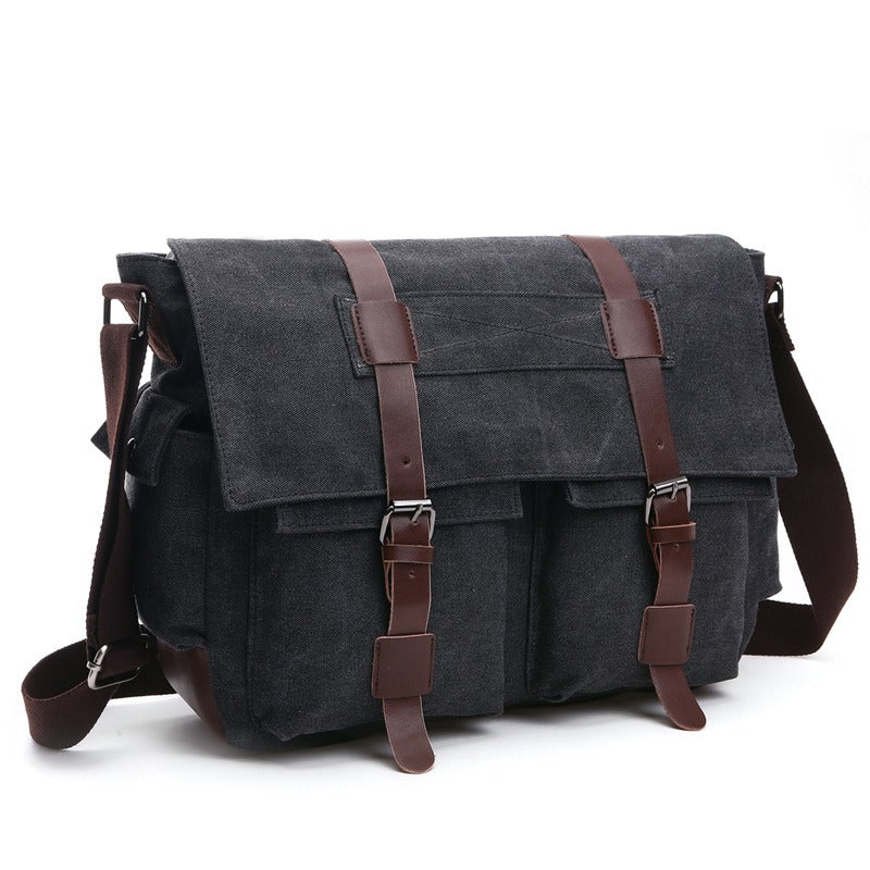 Sac homme robuste vintage en toile et cuir, avec multiples compartiments. Pratique et durable pour le quotidien.