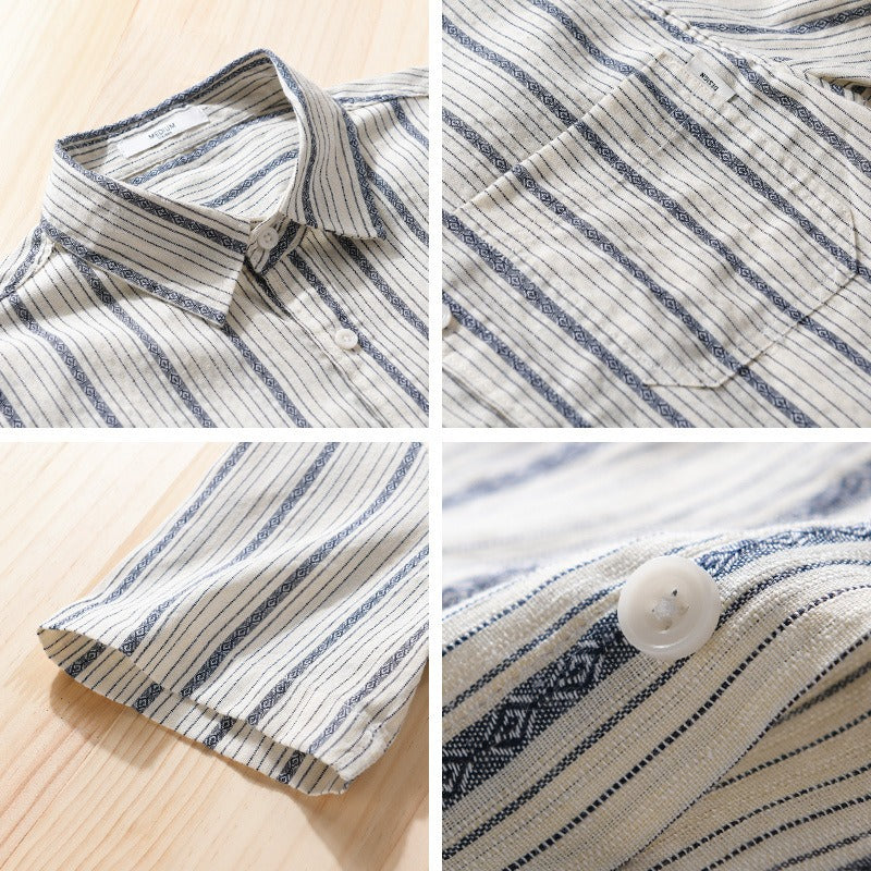 Mode masculine: chemise rayée homme à manches courtes, style décontracté pour l'été, la plage ou le voyage.