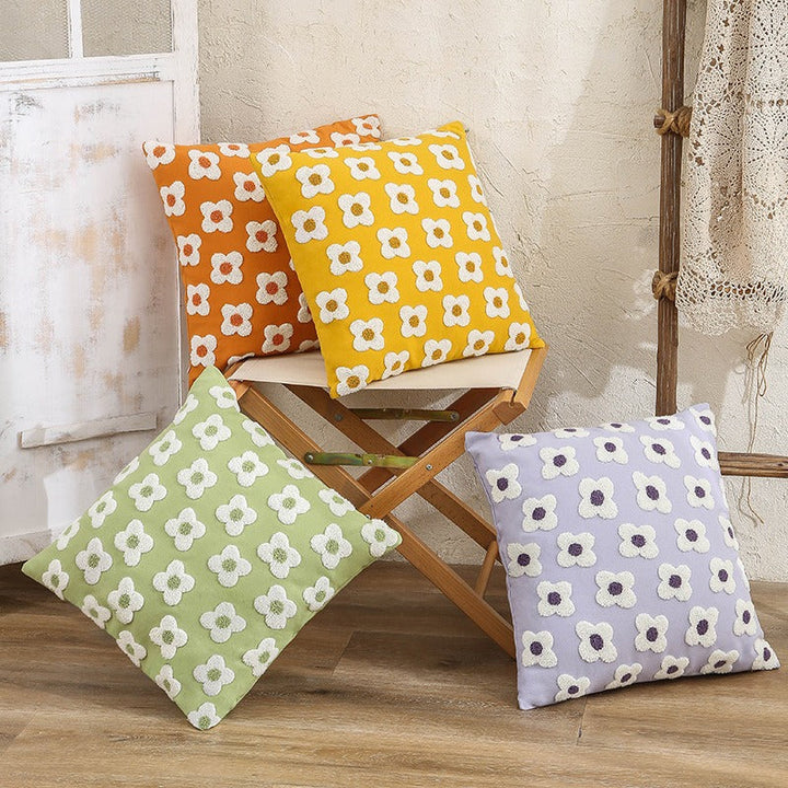 Coussin décoratif 45x45 cm, avec broderie de tournesol, pour une décoration estivale et joyeuse.