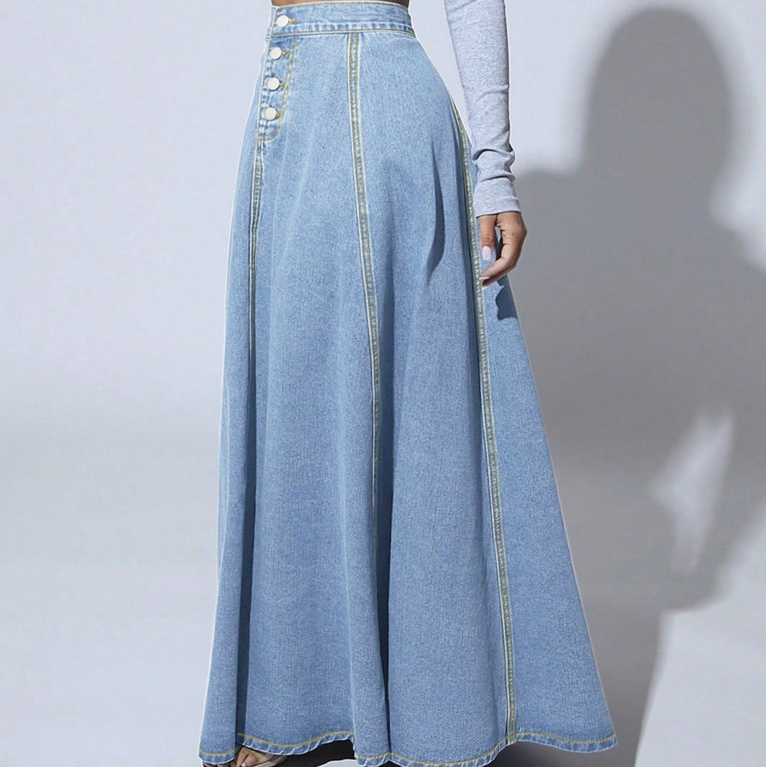 Détail : Jupe longue taille haute femme avec boutons, style intemporel, pour une élégance chic ou casual.