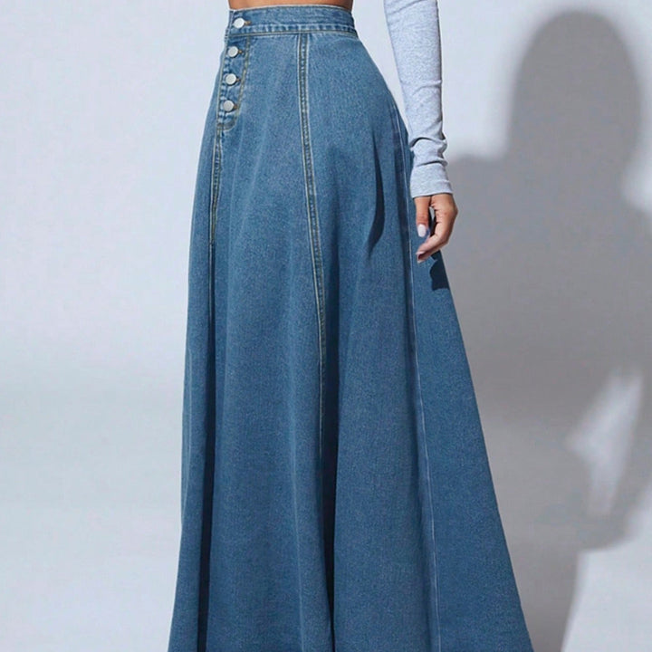 Jupe longue femme printemps-été, taille haute à boutons, offrant élégance et confort pour toute occasion.