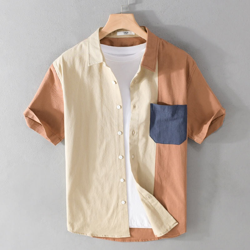 Chemise patchwork homme manches courtes, style original et décontracté pour l'été.