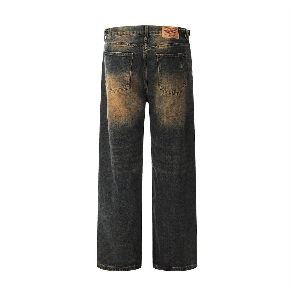 Pantalon jean homme délavé avec effet usé, coupe droite classique pour un confort décontracté et polyvalent.