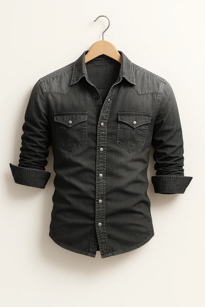 Homme en chemise cintrée noire manches longues. Tenue de bureau élégante, look professionnel et moderne.